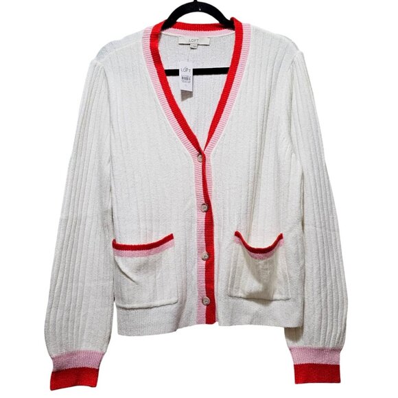 Loft Women's White Cardigan With Red Accents, Ribbed Knit Design, Button-Up Fron - Picture 1 of 6